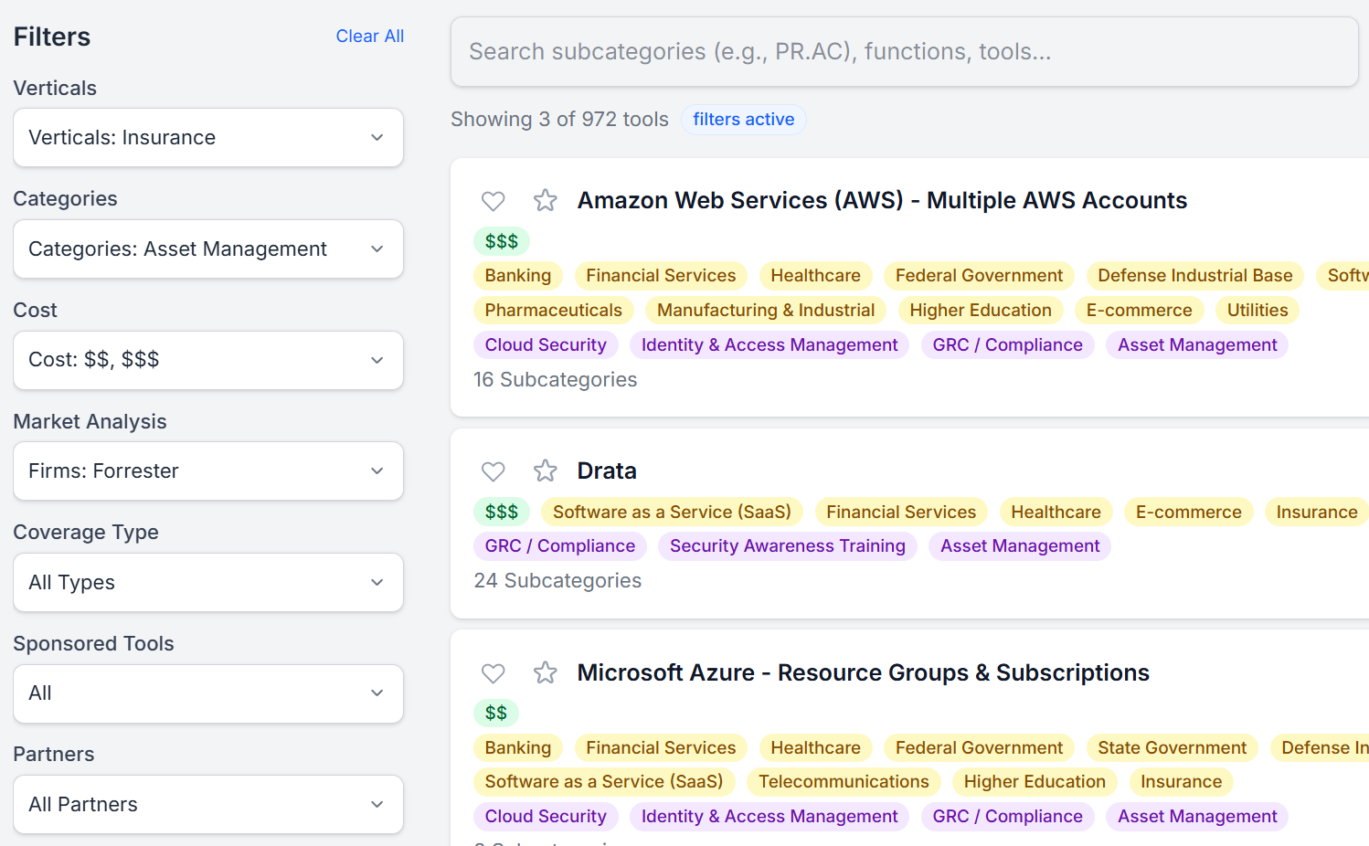 The ToolMapper filter sidebar narrowing the catalog